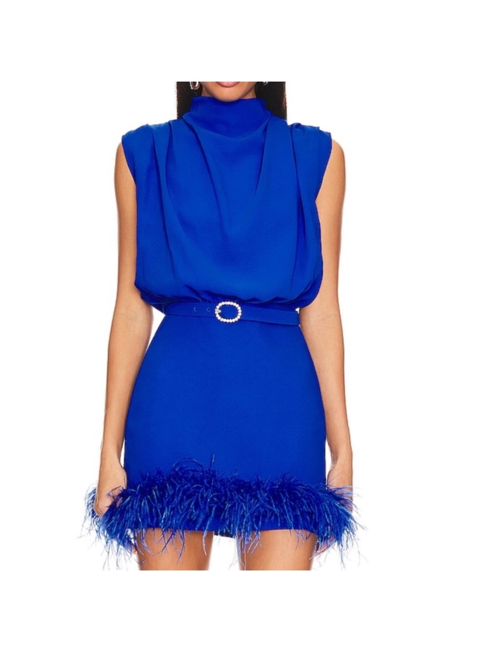 Amanda Uprichard Cobalt Blue Sleeveless Mini Dress with Feather Hem